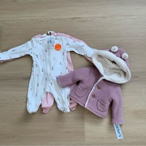 Carter's White Floral One-Piece + Pink Knit Hooded Jacket Set